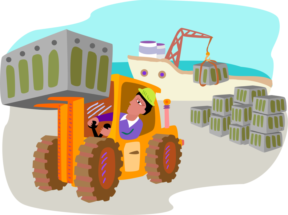 Vector Illustration of Industrial Forklift with Shipping Crates at Dockyard