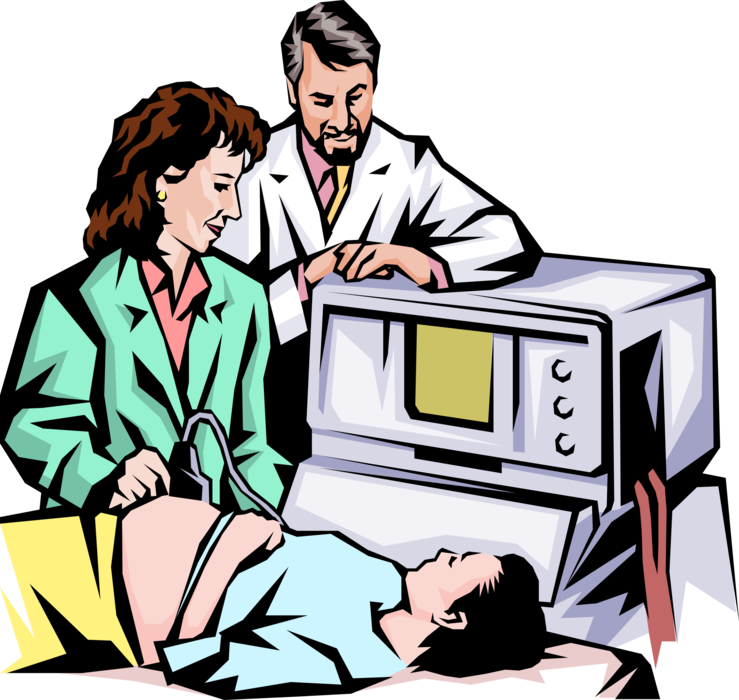 Vector Illustration of Technician Performs Ultrasound Imaging with Pregnant Patient as Doctor Confers