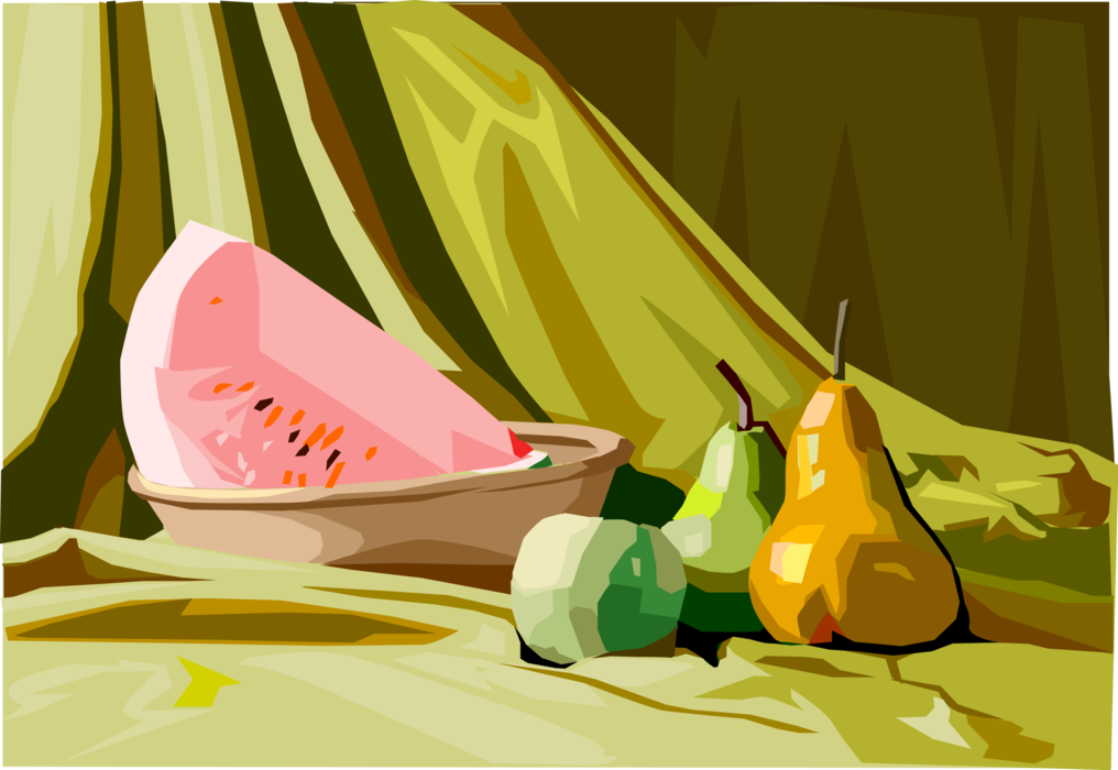 Vector Illustration of Fruit Bowl with Watermelon, Pears and Apple