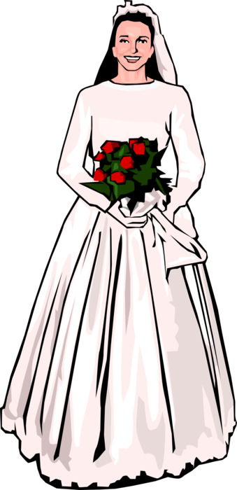 Vector Illustration of Bride with Bouquet of Rose Flowers on Wedding Day