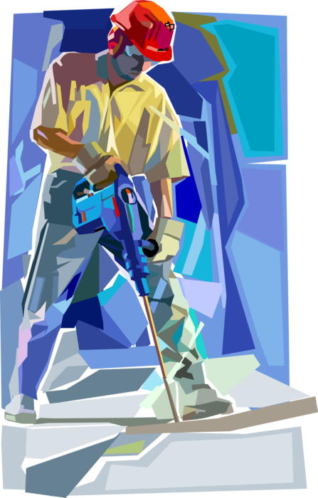 Vector Illustration of Worker on Construction Site with Large Drill and Bit