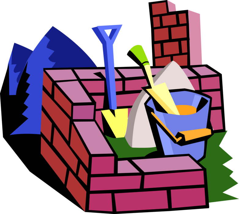 Vector Illustration of Masonry Brick Wall with Mason's Bricklaying Tools
