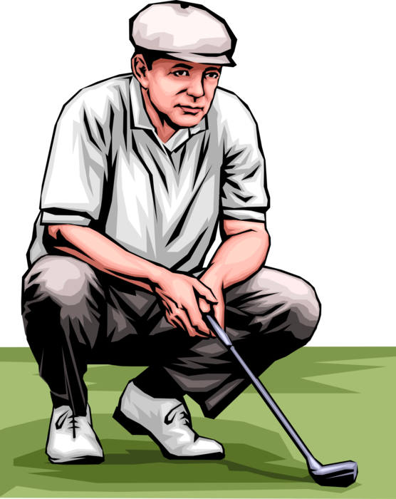 Vector Illustration of Sport of Golf Golfer Lining Up Golf Putt on Green