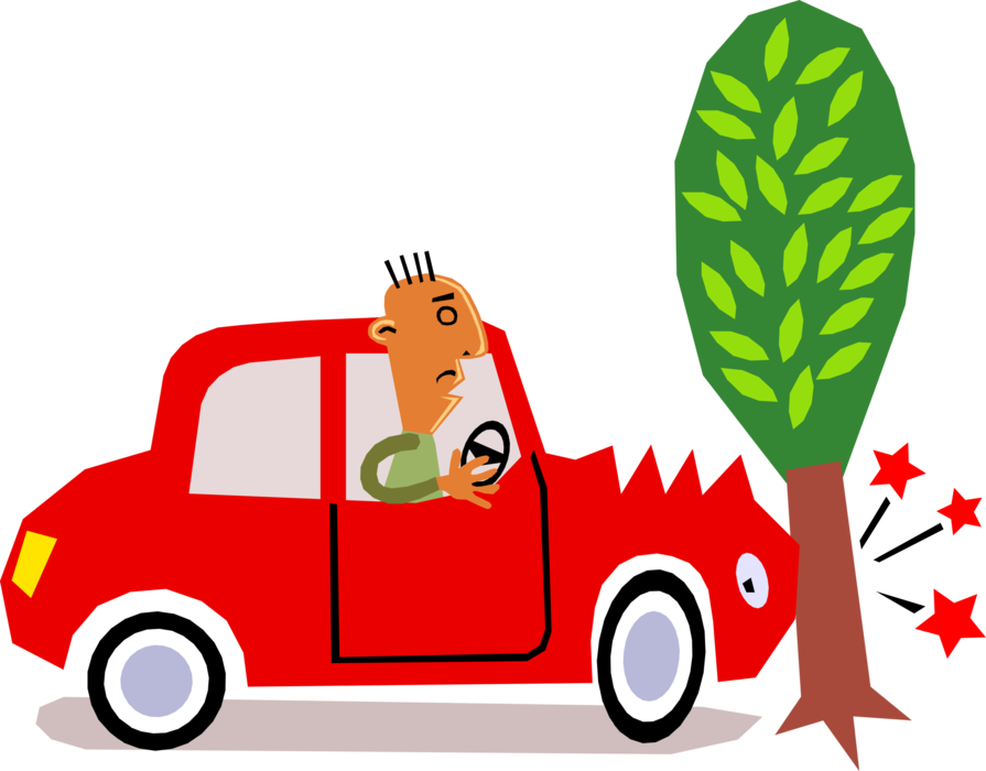 Vector Illustration of Car Motorist Driver has Accident and Crashes Automobile Vehicle into Tree