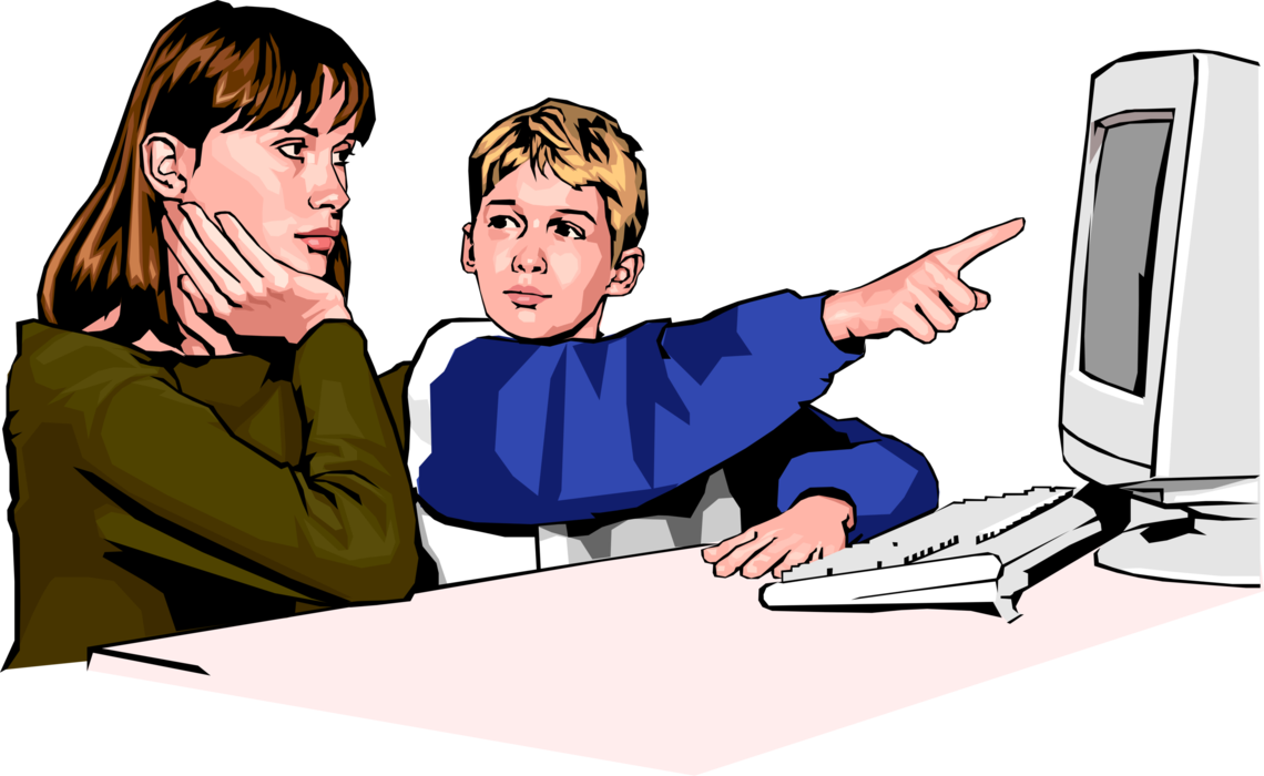 Vector Illustration of School Children use Computer for Homework