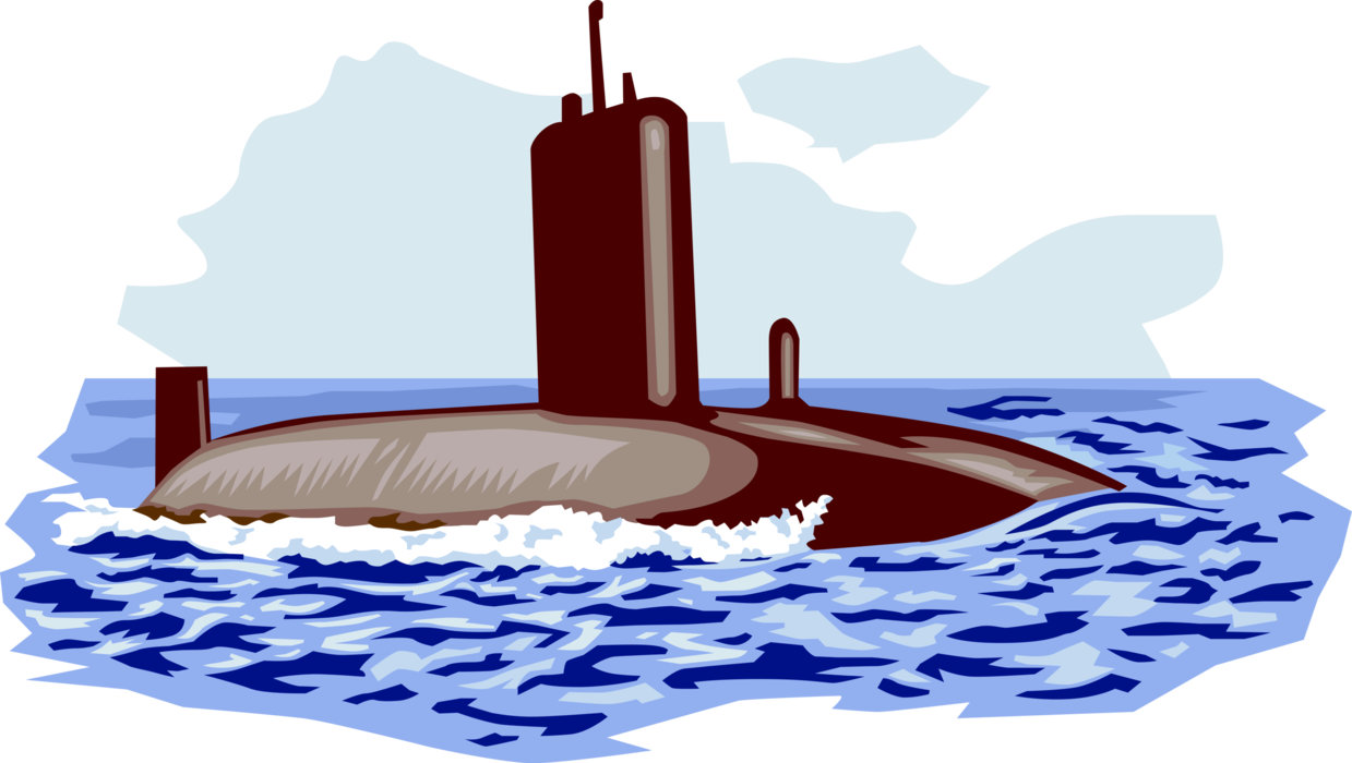 Vector Illustration of Navy Submersible Submarine Armed with Torpedoes or Guided Missiles