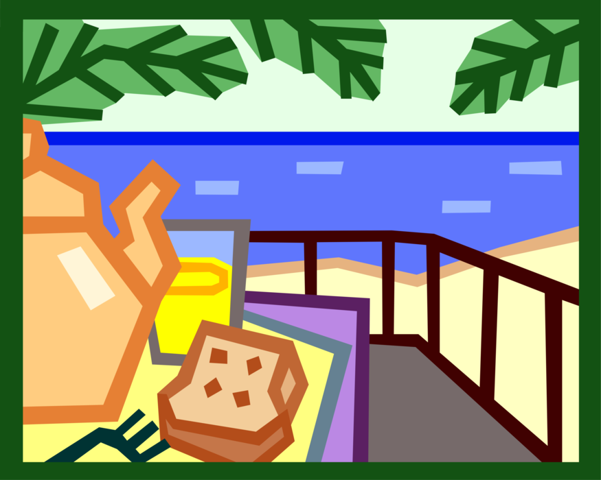 Vector Illustration of Vacation Morning Breakfast on Balcony at Beach