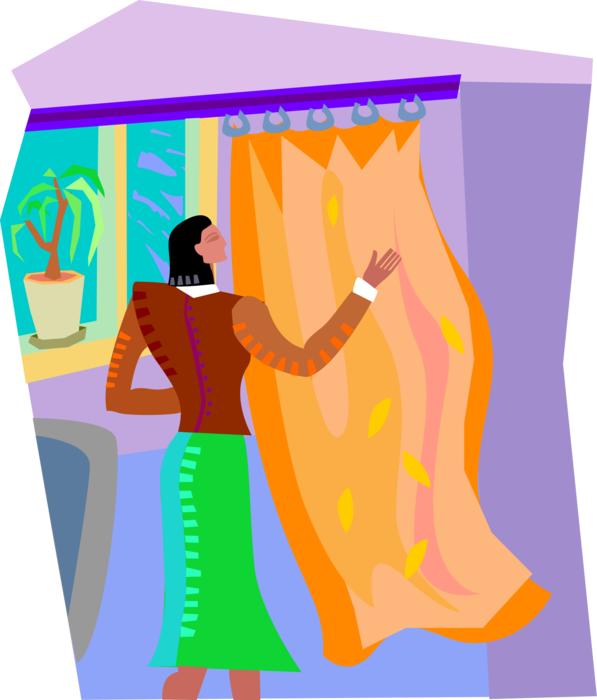 Vector Illustration of Woman Opens Window Curtain Blinds
