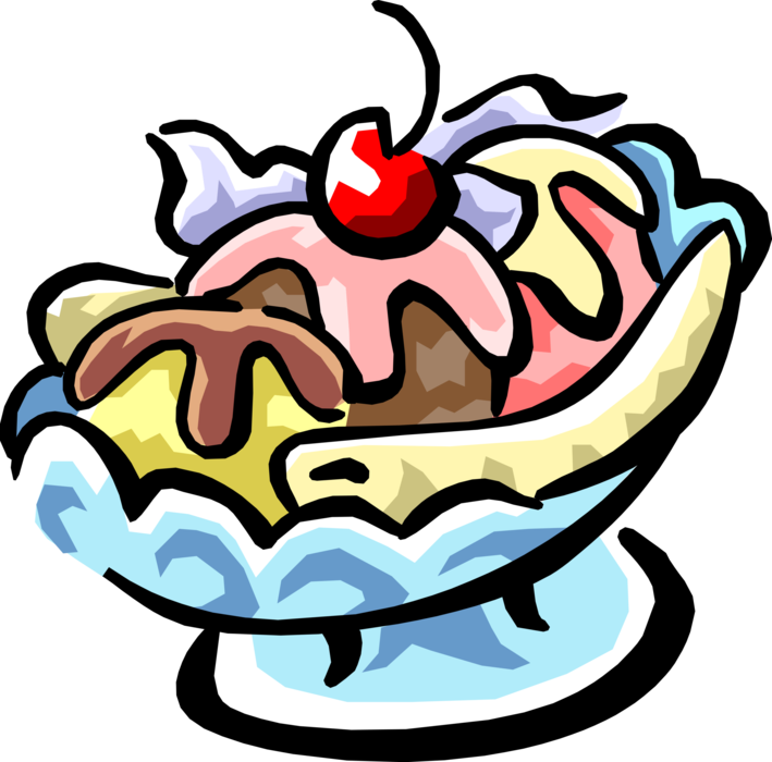 Vector Illustration of Banana Split, with Ice Cream Soda Fountain Treat Topped with Cherry