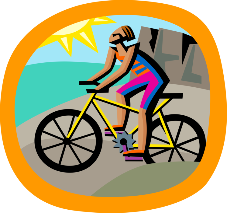 Vector Illustration of Cycling Enthusiast on Bicycle Cycling to Beach on Summer Day