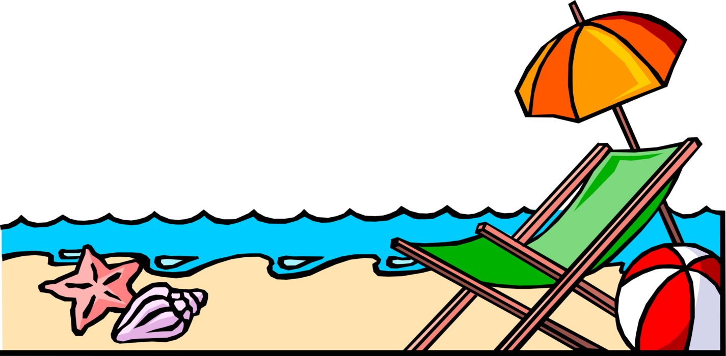 Vector Illustration of A Day at the Beach with Sand, Sea and Lounge Chair with Umbrella