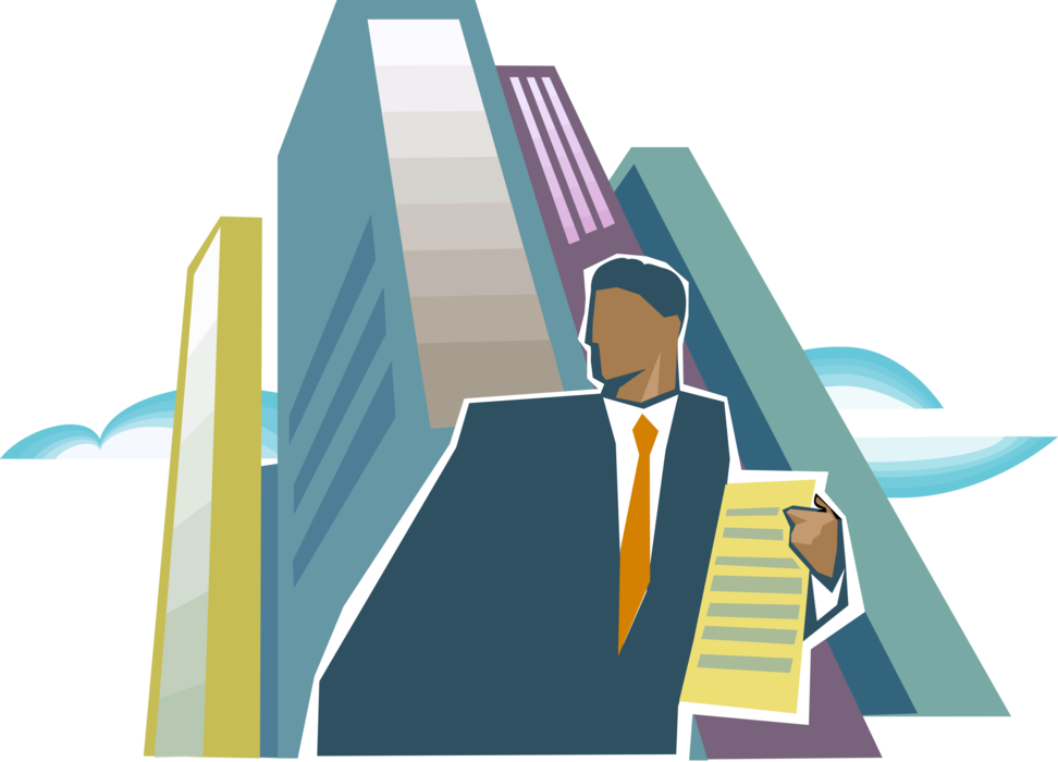 Vector Illustration of Businessman with Paperwork Documents and Office Buildings