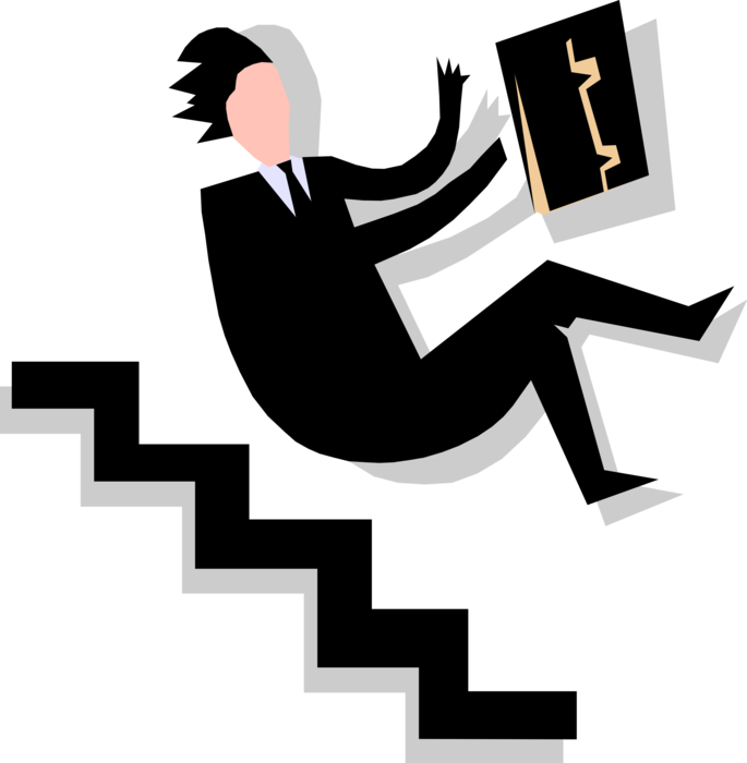 Vector Illustration of Businessman Stumbles and Falls Down Stairs with Briefcase