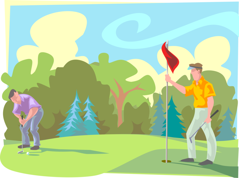 Vector Illustration of Sport of Golf Golfer Putts Ball on Golfing Green