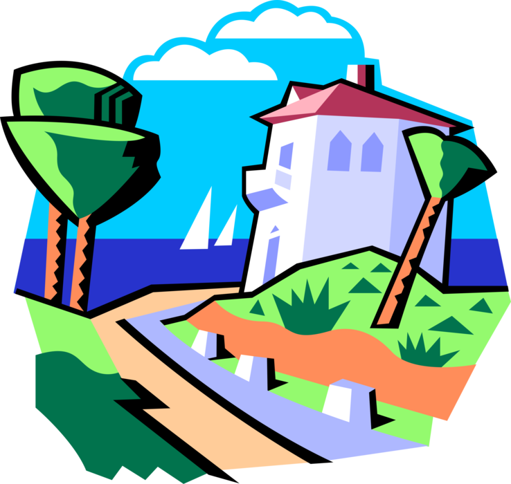 Vector Illustration of Beach House with Ocean and Sailboats