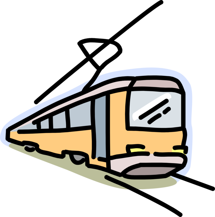 Vector Illustration of Electric Streetcar Tram Trolley Runs on Tracks Along Public Urban Streets