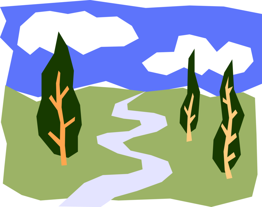 Vector Illustration of Great Outdoors Stream and Meadow with Evergreen Fir Trees