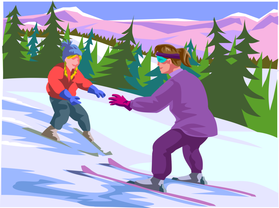 Vector Illustration of Parent Teaching Child How to Ski Alpine Downhill on Skis