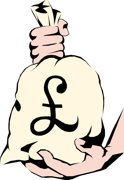 Vector Illustration of Hands Holding British Pound Money Bag, Moneybag, or Sack of Money Coins and Banknotes