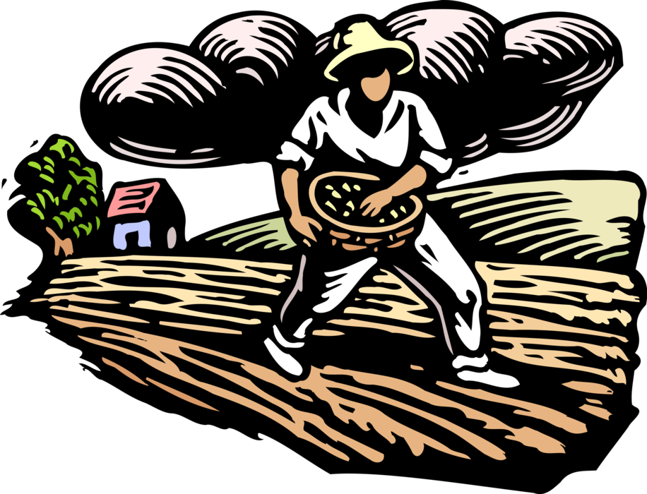 Vector Illustration of Farmer Planting or Sowing Seeds By Hand in Farm Field