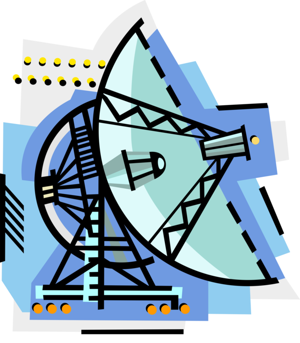 Vector Illustration of Satellite Dish Parabolic Antenna Send and Receive Electromagnetic Signals