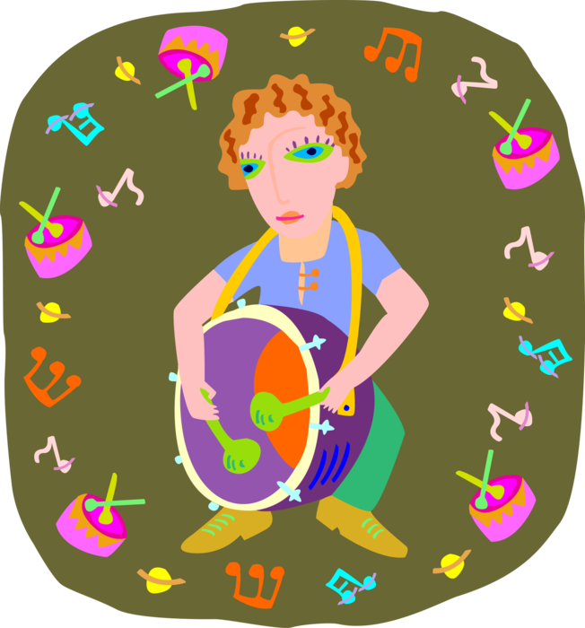 Vector Illustration of Young Boy Playing Percussion Drum Musical Instrument