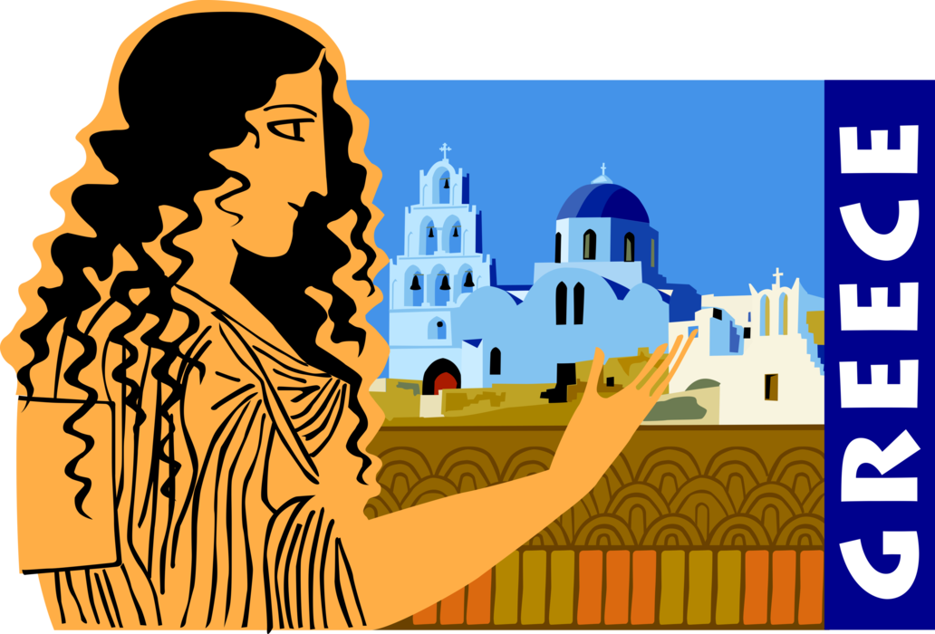 Vector Illustration of Greece Postcard Design with Minoan Civilization and Island of Santorini Church