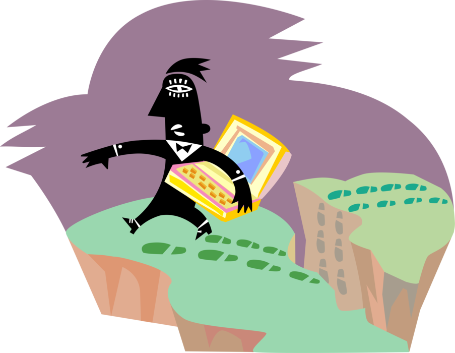 Vector Illustration of Man Carefully Traversing the Landscape with Notebook Computer In-Hand