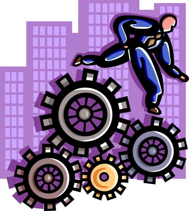 Vector Illustration of Businessman and Cogwheel Gear Mechanism in Motion