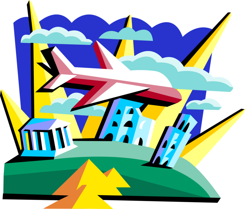Vector Illustration of Intercontinental Airline Flight with Commercial Airplane Passenger Jet and Landmarks