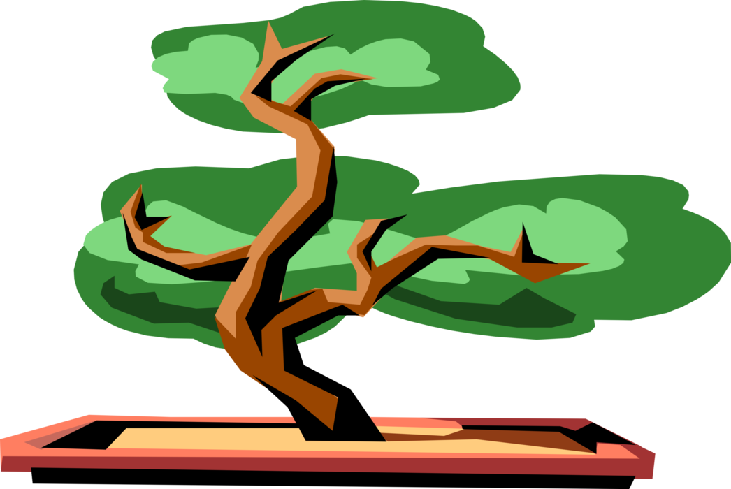 Vector Illustration of Japanese Exotic Miniature Bonsai Dwarf Potted Tree 