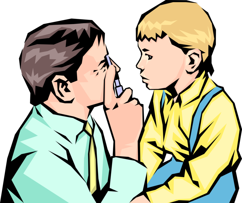 Vector Illustration of Doctor with Young Child Uses Ophthalmoscope to Check Eyes