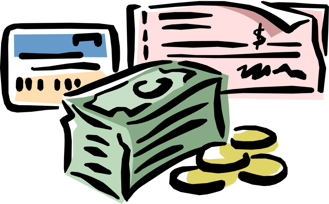 Vector Illustration of Dollar Cash Money Currency Banknotes Credit Cards Checks or Cheques