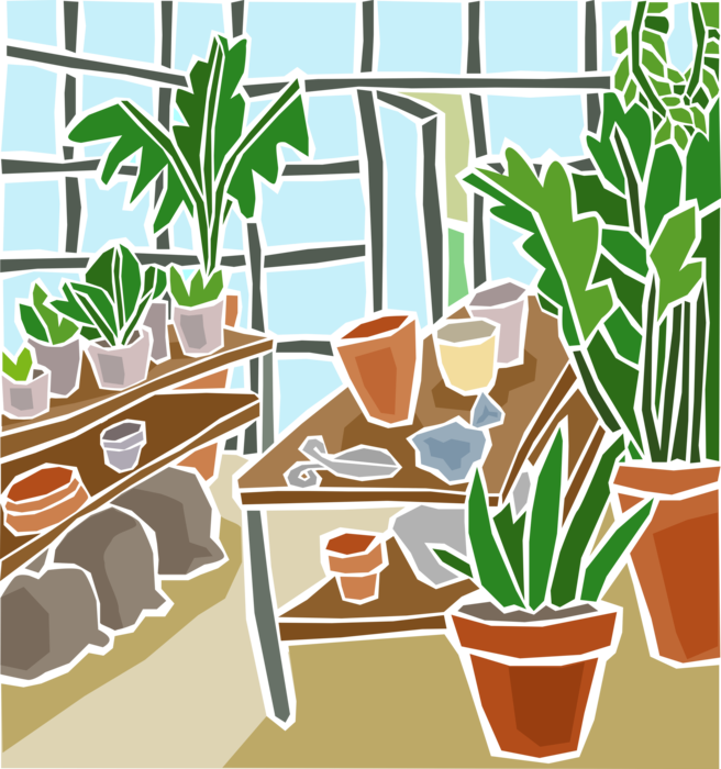 Vector Illustration of Greenhouse Nursery Where Plants are Propagated and Grown with Potted Plants