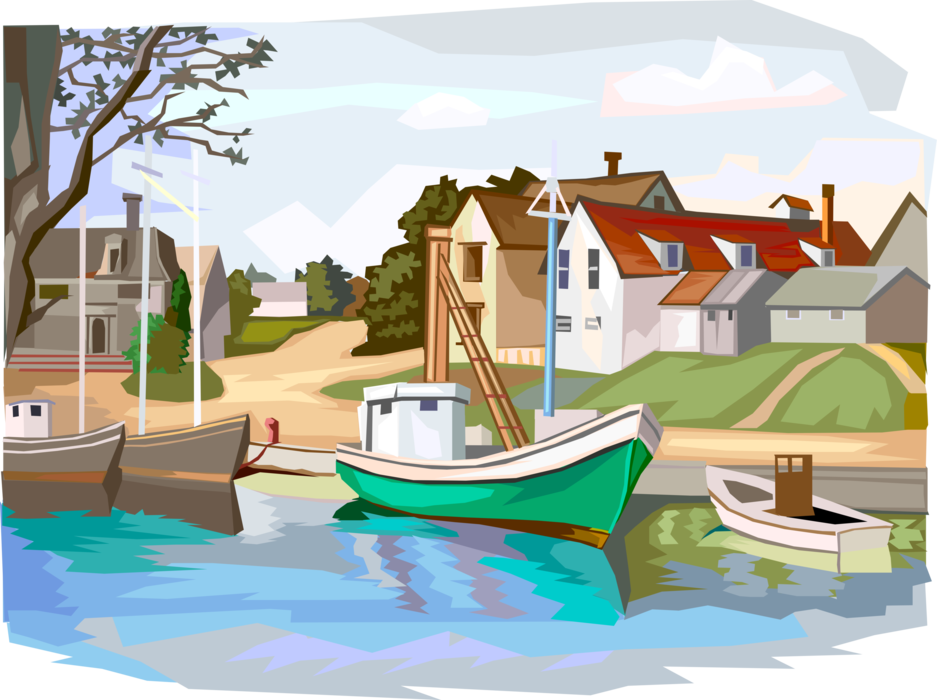 Vector Illustration of Fishing Boats Docked at Town Docks