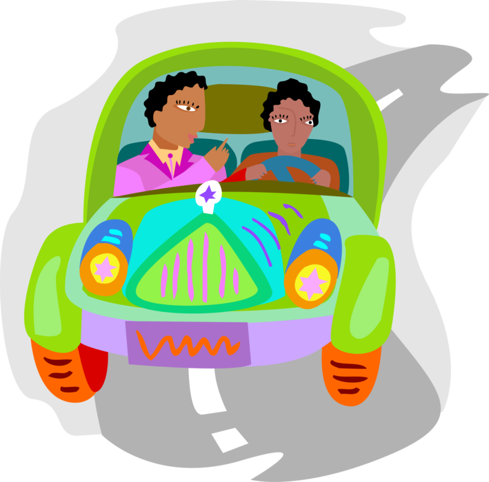 Vector Illustration of Automobile Motorist with Passenger Drive on Road in Car Motor Vehicle