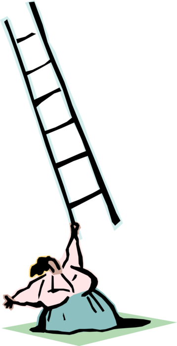 Vector Illustration of Businesswoman Balances Ladder for Climbing and Reaching 