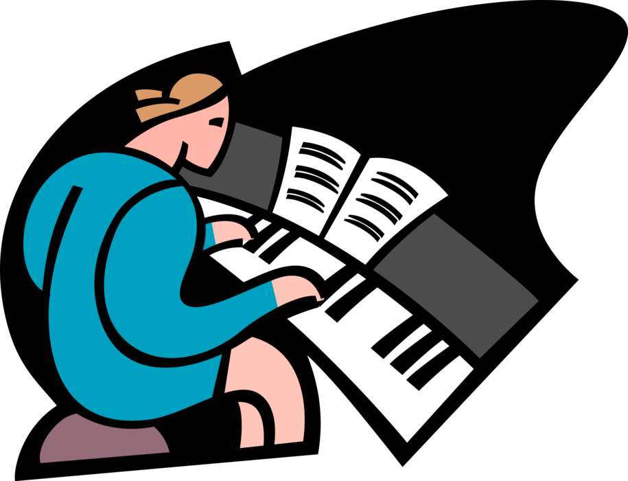 Vector Illustration of Student Taking Piano Lessons Practices Playing with Sheet Music