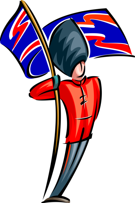 Vector Illustration of British Ceremonial Guard with Bearskin Hat and United Kingdom Union Jack Flag