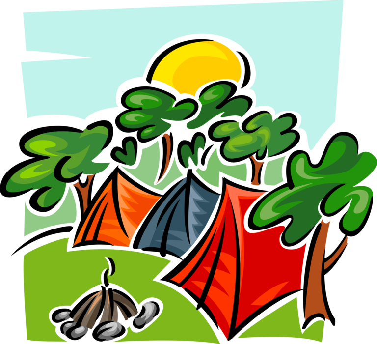 Vector Illustration of Outdoor Recreational Activity Camping Tents with Campfire in Outdoor Park