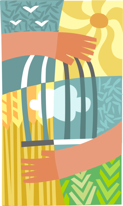 Vector Illustration of Hands Safeguard Birdcage in Natural Environment