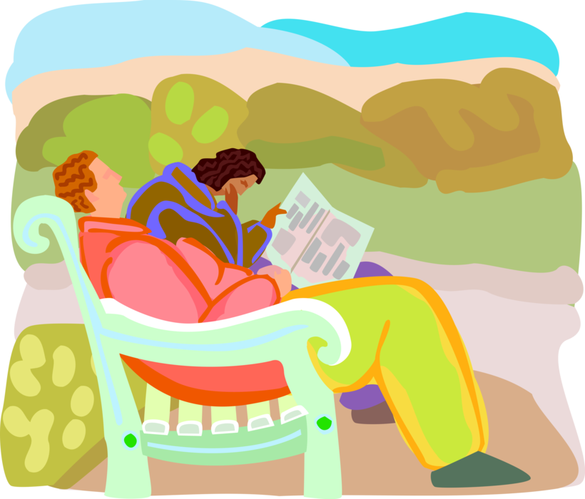 Vector Illustration of Tourists Take Break from Touring and Relax on Park Bench