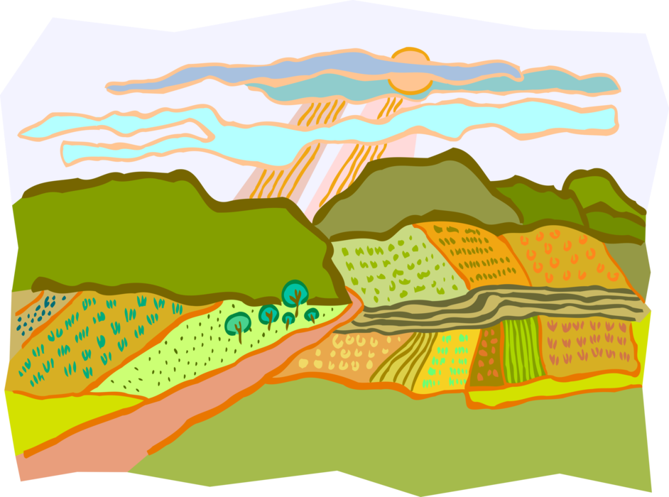 Vector Illustration of Rural Countryside with Sun and Clouds