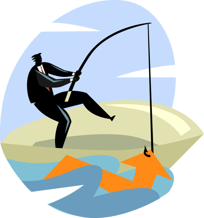 Vector Illustration of Businessman Fishing for New Sales and Profits from Boat