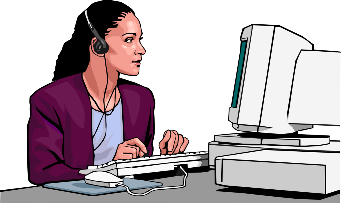 Vector Illustration of Businesswoman Listens to Music on Headphones and Surfs the Internet