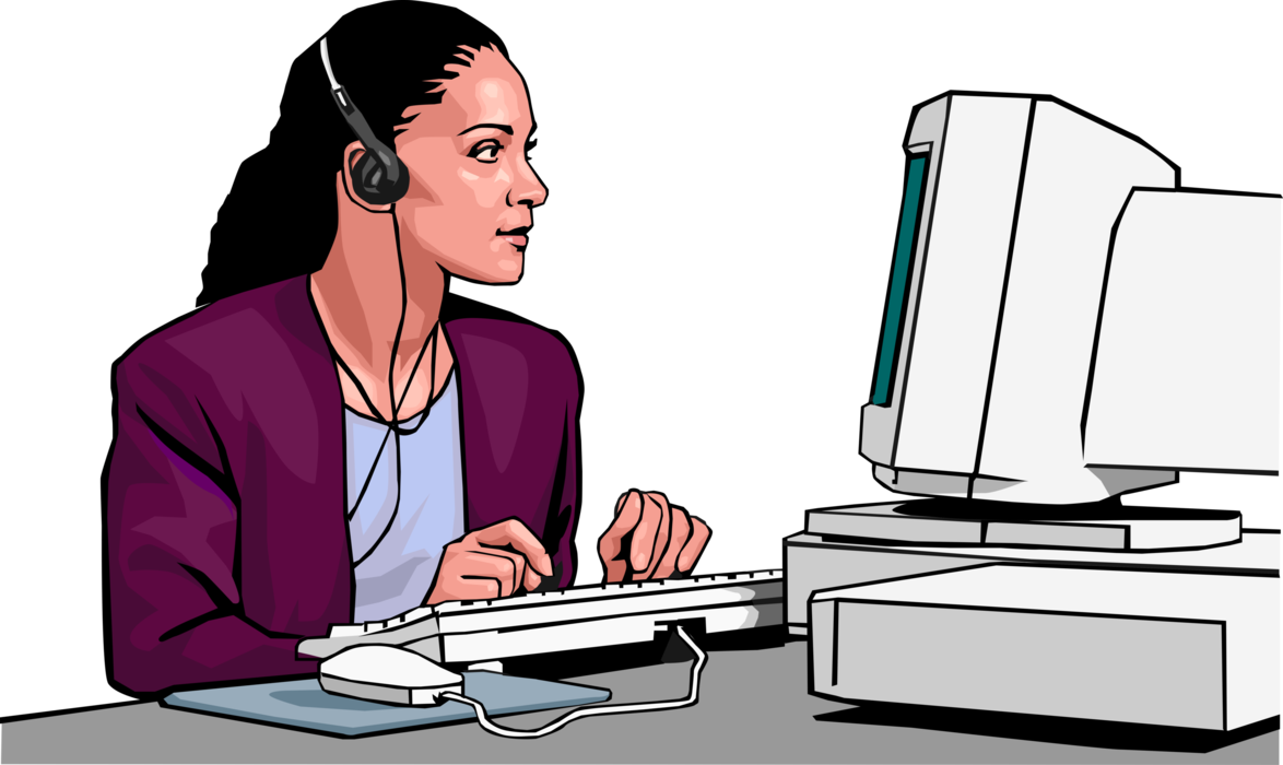Vector Illustration of Businesswoman Listens to Music on Headphones and Surfs the Internet