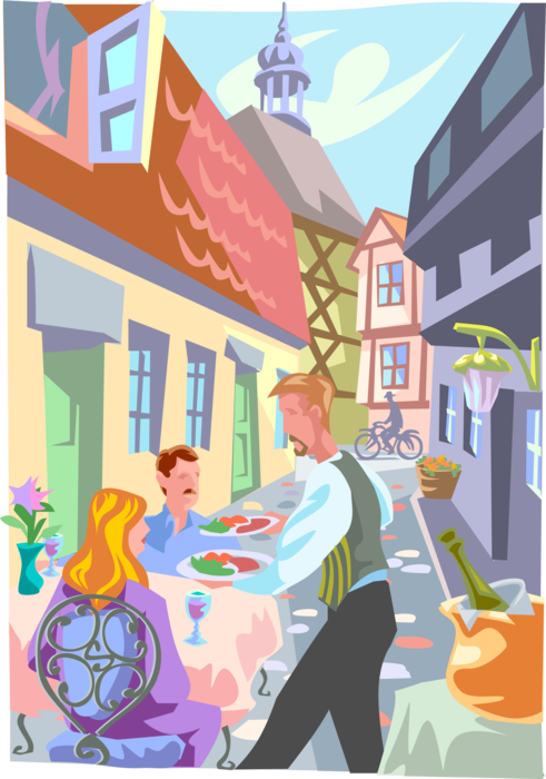 Vector Illustration of European Street Restaurant Café Dining with Waiter and Guests at Outdoor Table