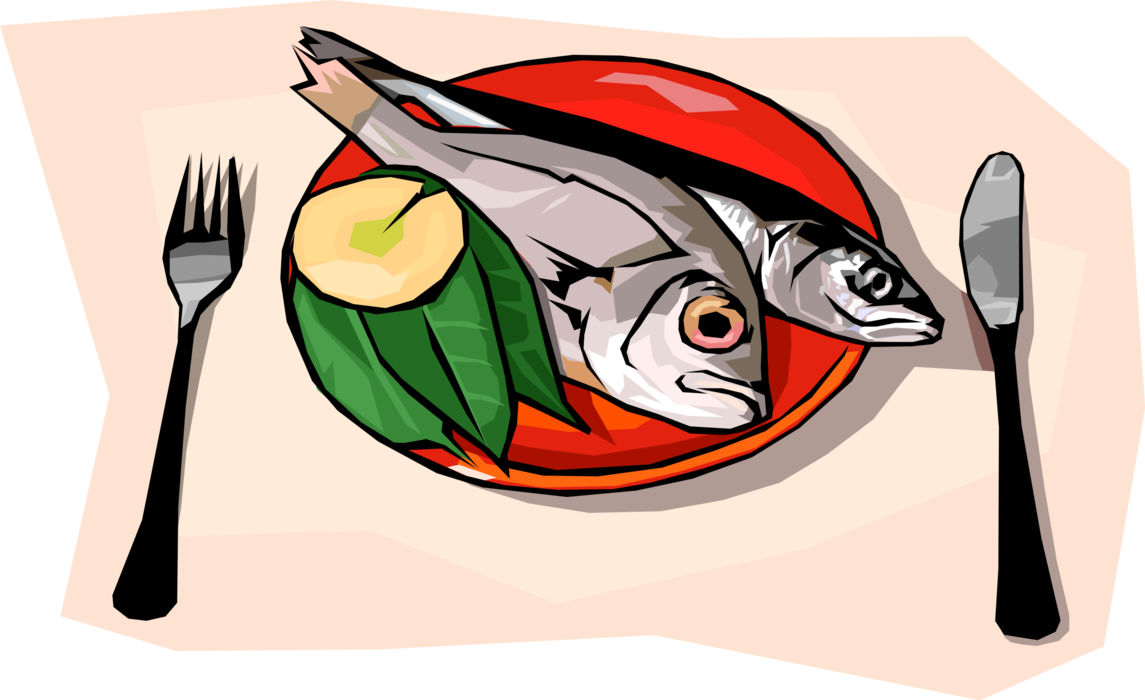 Vector Illustration of Baked Fish Dinner with Lemon Slice