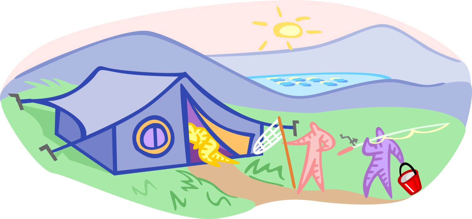 Vector Illustration of Fishermen Enjoy Fishing Weekend Camping with Tent