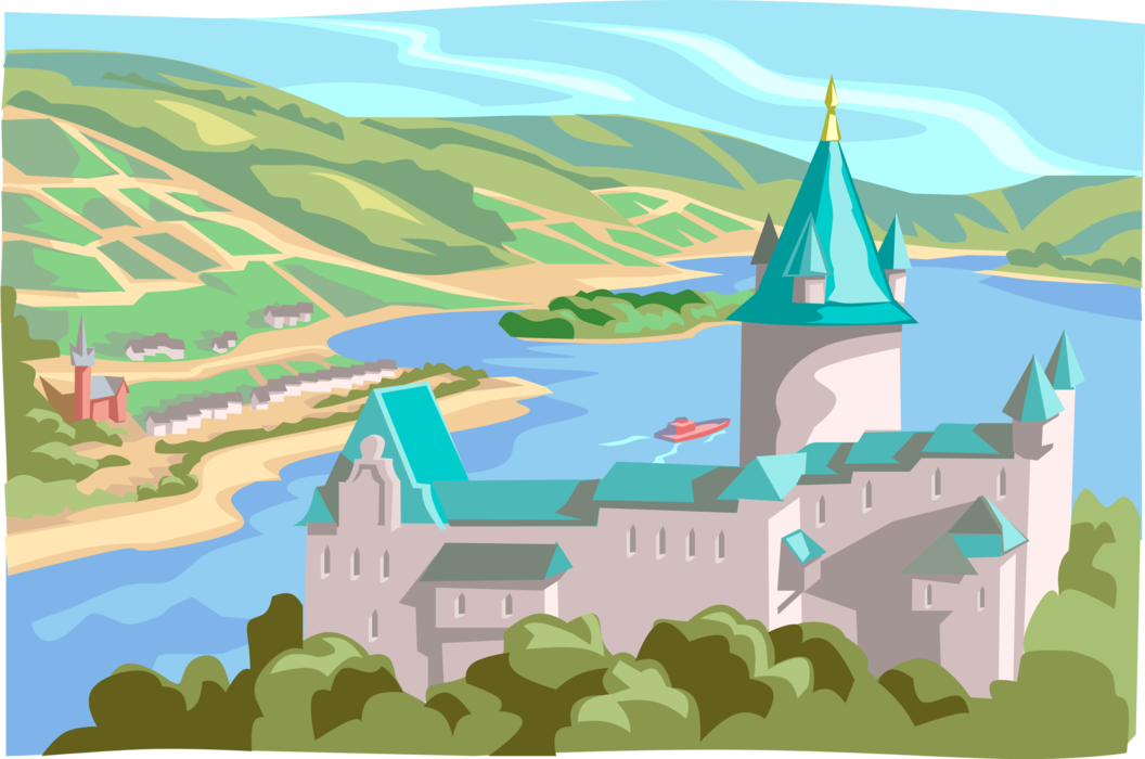 Vector Illustration of Fortified Stahleck Castle, Rhine Valley at Bacharach in Rhineland-Palatinate, Germany